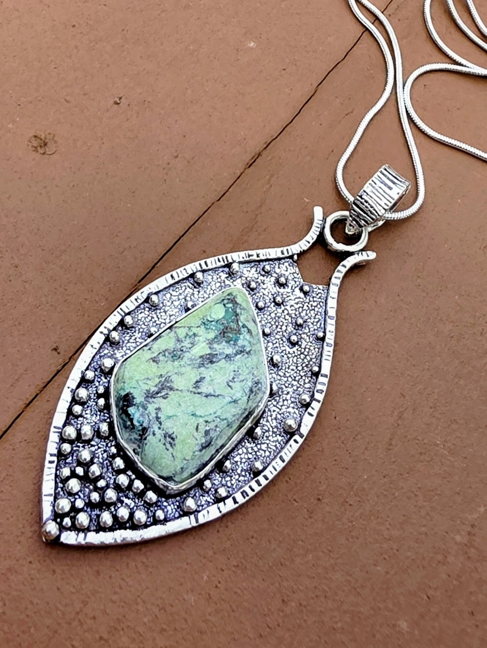 Green Turquoise Gemstone Pendant Necklace in 925 Sterling Silver (2.5")